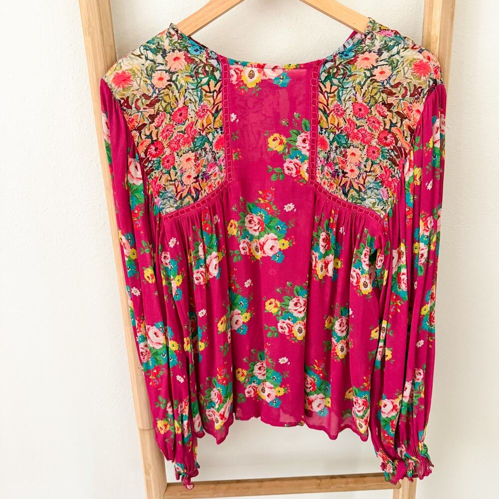 Anthropologie Blank London Floral Peasant Blouse XS Pink 100% Viscose Boho